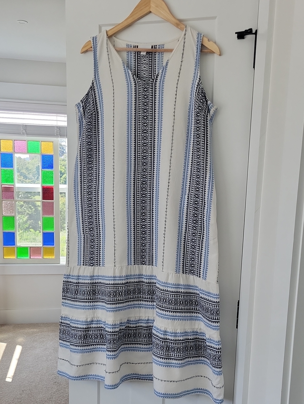 J. Jill Sleeveless Embroidered Stripe Maxi Dress - White & Blue With Pockets